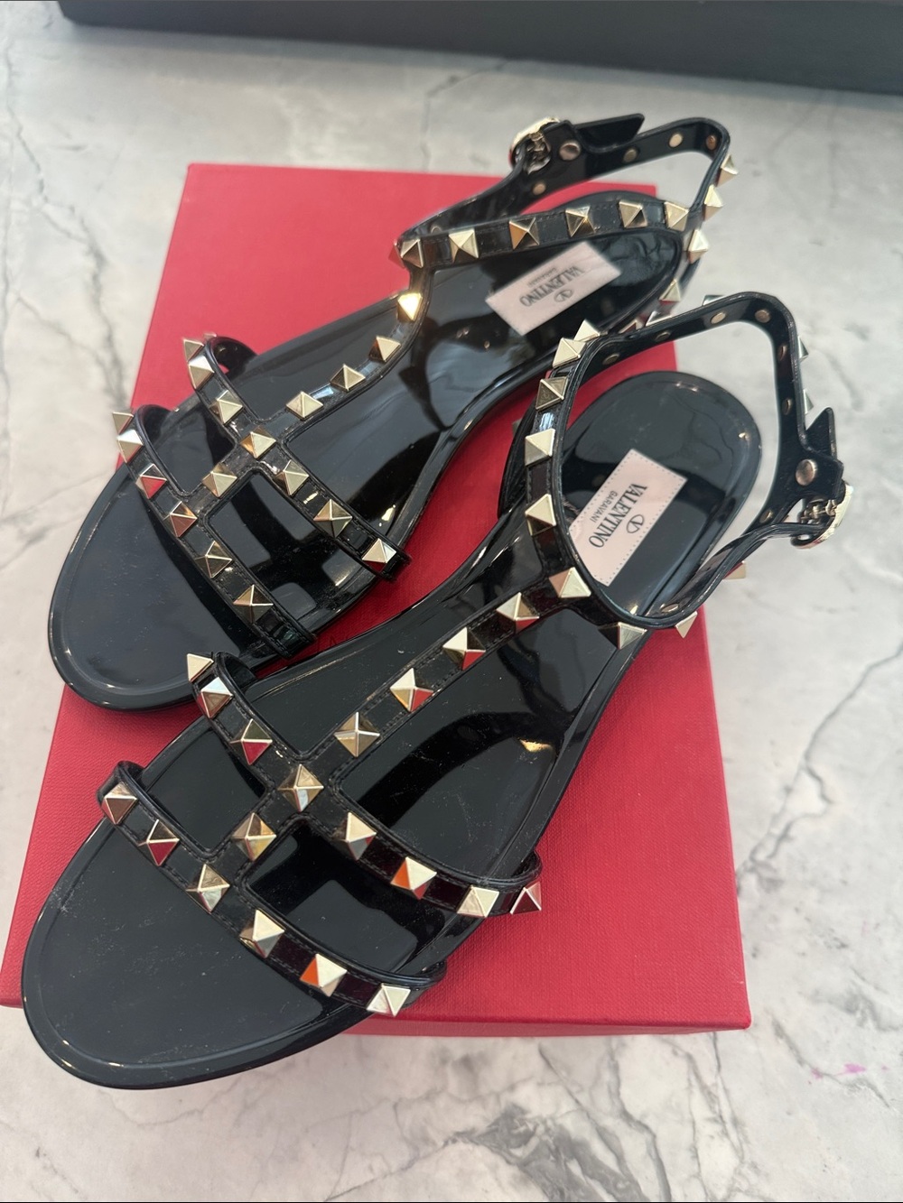 Valentino Black Patent Jelly Sandals with Gold Stud Accents
